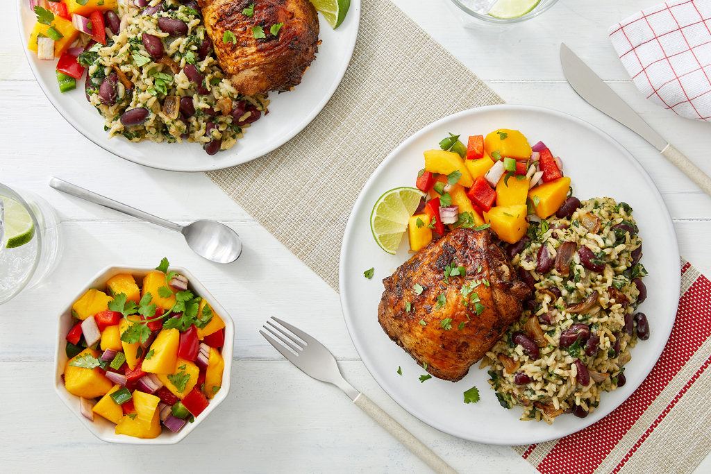 Family Friendly Jerk Chicken with Green Rice & Beans