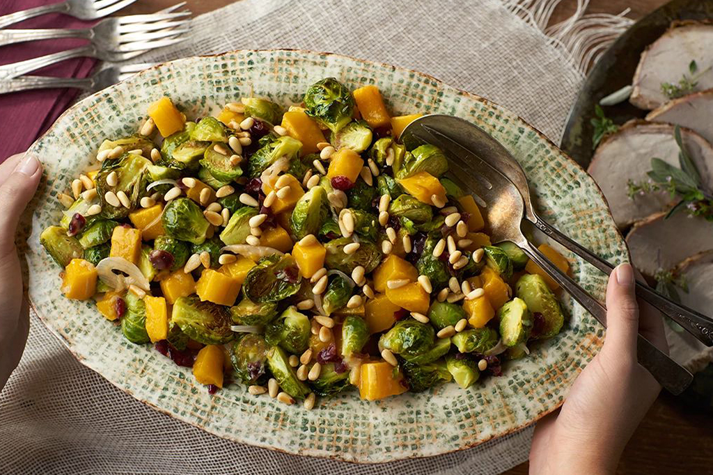 Roasted Brussels Sprouts & Squash with Cranberries & Pine Nuts