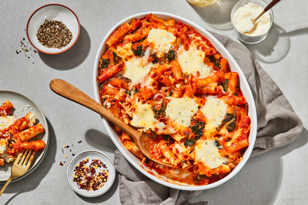 Three-Cheese Baked Ziti with Spinach