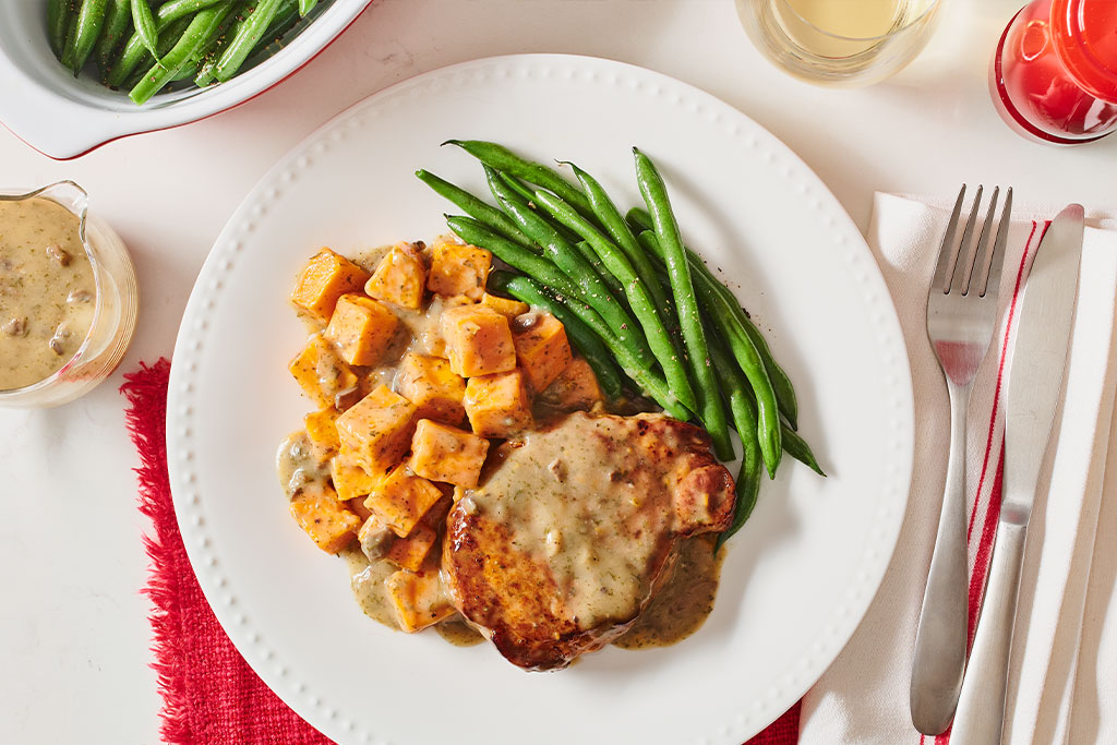 Two Step Mushroom Pork Chops with Sweet Potatoes