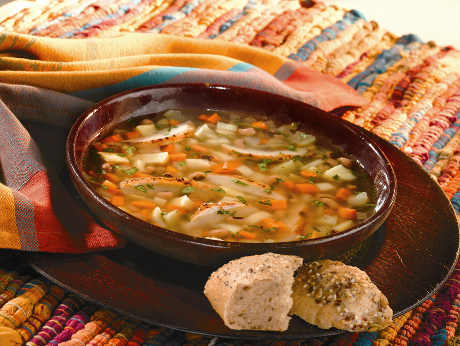 Fall Vegetable Soup with Black-Eyed Peas and Grilled Chicken