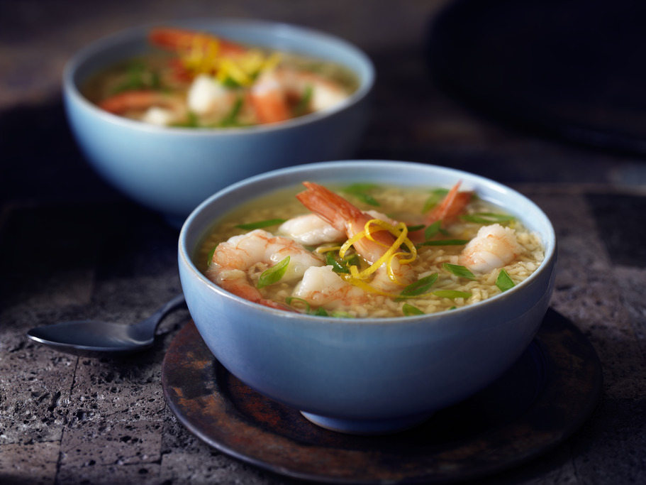 Lemon Garlic Shrimp Soup with Brown Rice