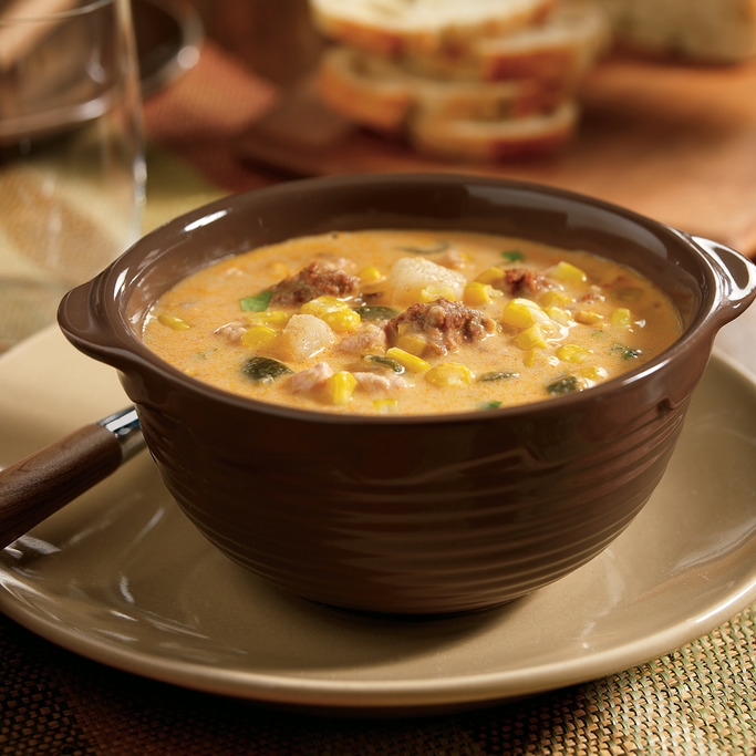 Slow Cooker Corn Chowder with Chicken and Chorizo Sausage