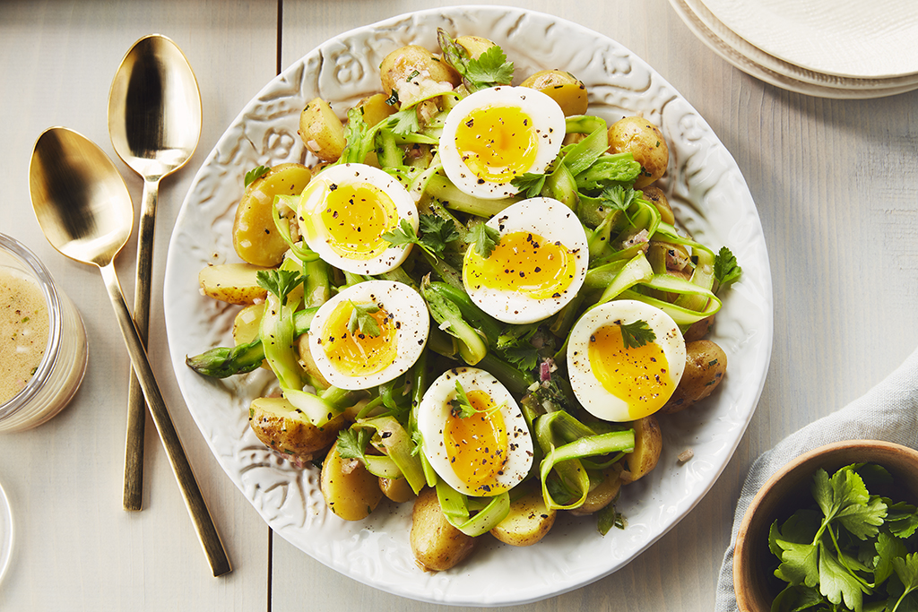 Shaved Asparagus Potato Salad with Soft Boiled Eggs
