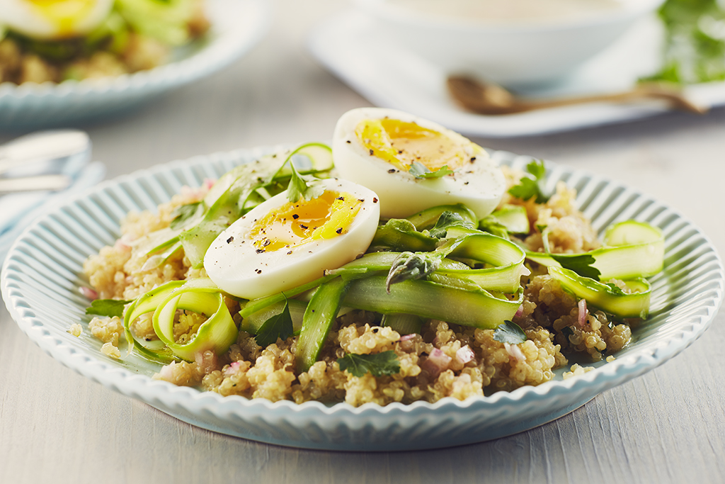 Shaved Asparagus Quinoa with Soft Boiled Eggs