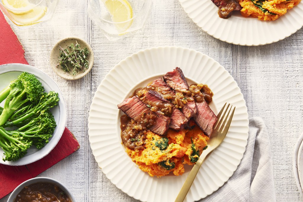 Steak with Sweet Potato Garlic Mash