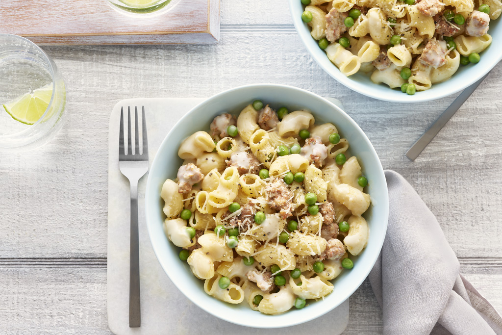 Pâtes à la saucisse et aux pois