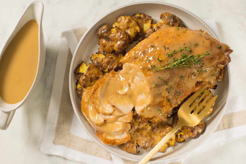 Lemon-Thyme Roast Turkey Breast with Smashed Potatoes