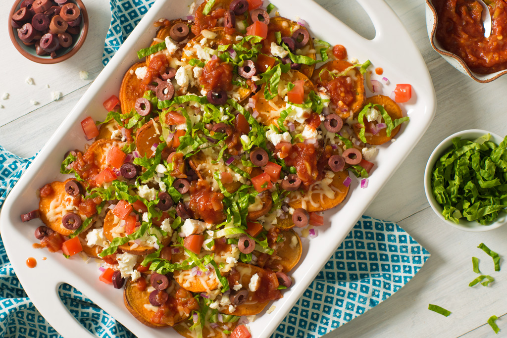 Loaded Mediterranean Sweet Potato Nachos