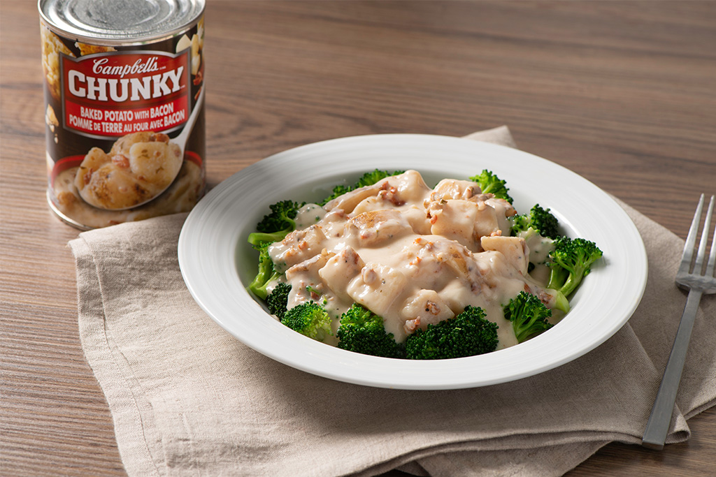 Chunky Baked Potato with Bacon over Broccoli