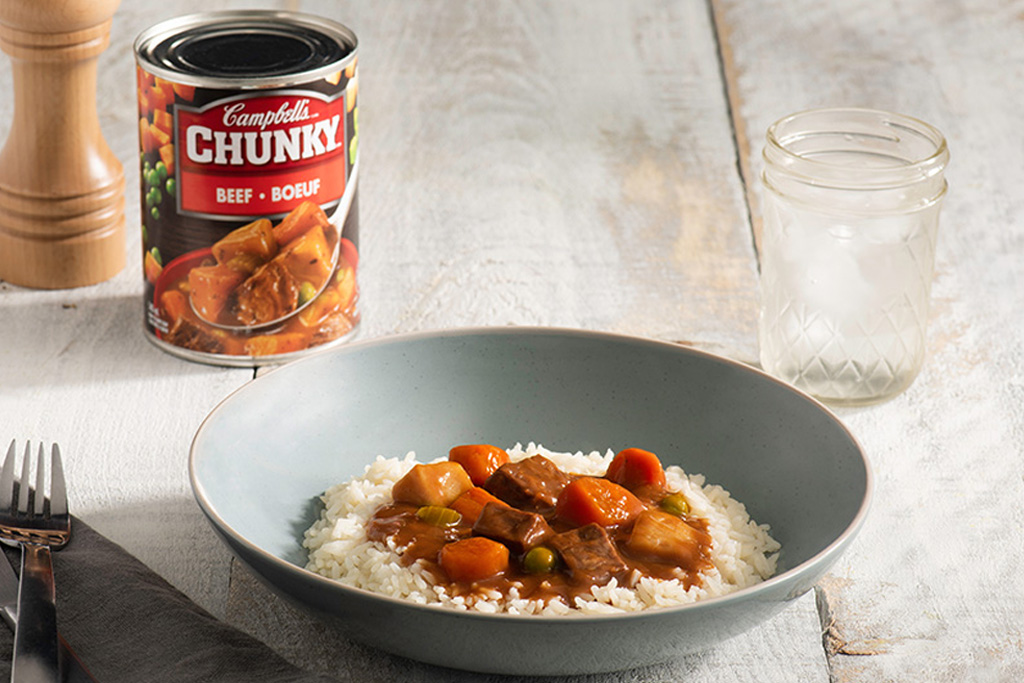 Chunky Beef Poured Over Rice