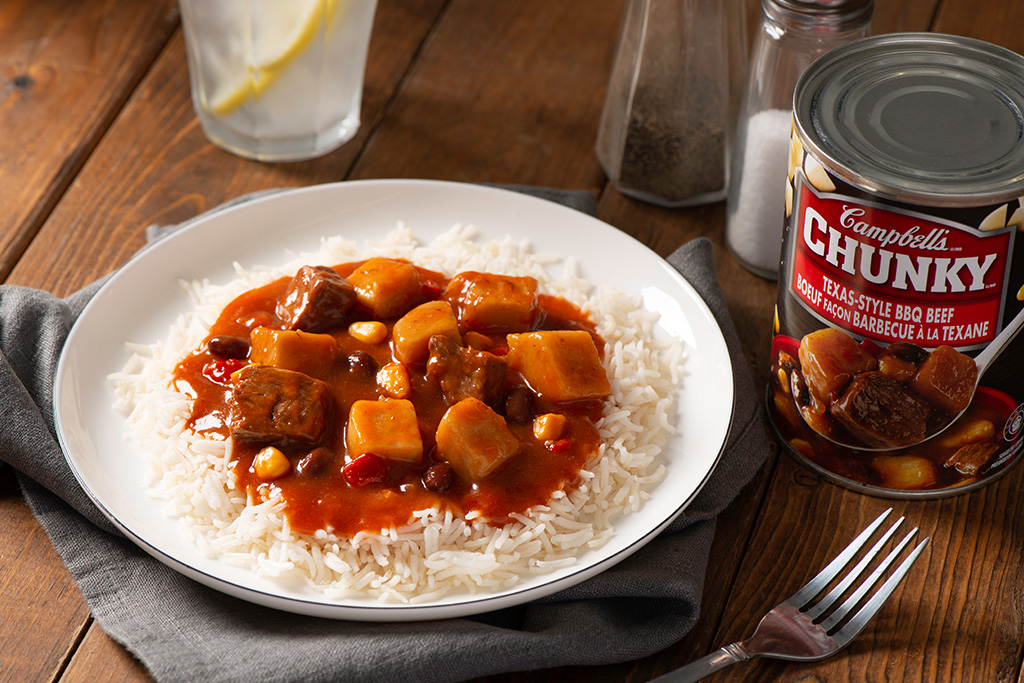 Chunky Texas-Style BBQ Beef on top of Rice