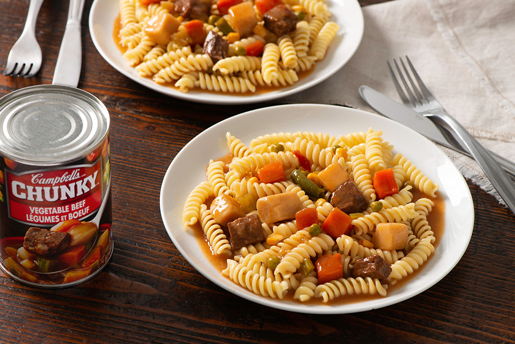Chunky Vegetable Beef poured over Pasta